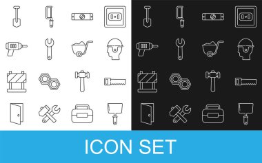 Oyun bıçağı, el testeresi, işçi kaskı, inşaat baloncuk seviyesi, anahtarlar, elektrikli matkap, kürek ve ikon. Vektör