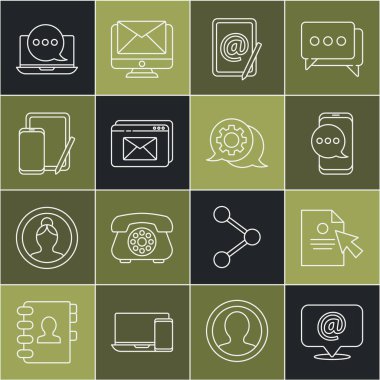 Satır postalarını ve e-postalarını, belge imlecini, telefonda sohbet mesajlarını, web sitesi zarfını, telefon grafik tabletini, dizüstü bilgisayarını ve konuşma baloncuğu sohbet simgesini ayarla. Vektör