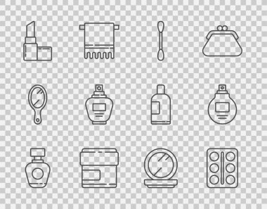 Parfüm, göz farı paleti, kulaklar için pamuk çubuğu krem losyon kozmetik tüp, ruj, ayna ve ikon ile makyaj tozu. Vektör