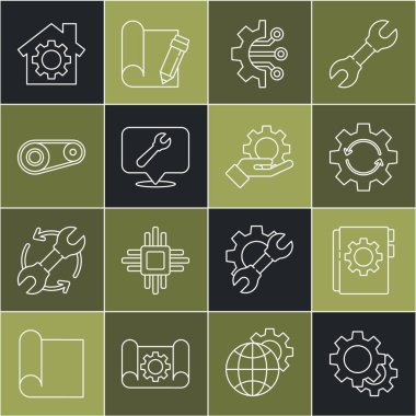 Satır Gear, Kullanıcı Kılavuzu ve okları iş akışı, Algoritma, anahtar anahtarlı konum, zamanlama kemer kiti, ev teçhizatı ve el simgesi olarak ayarla. Vektör