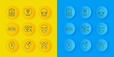 Çizgi başı soru işareti, kullanıcı grubu, psikoloji, Psi, Soru, Tiyatro maskesi, Tıbbi pano, Depresyon ve ikon. Vektör