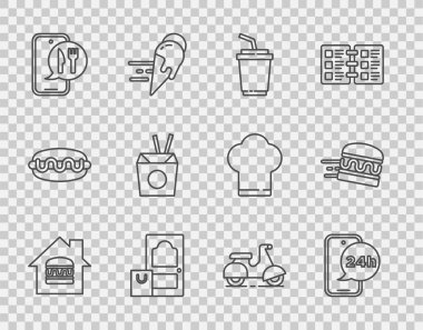 İnternetten sipariş ve teslimat, yiyecek, su bardağı, Asya eriştesi çubukları, Scooter ve hamburger ikonu. Vektör