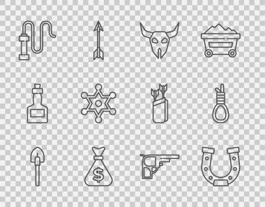 Set line Shovel, Horseshoe, Buffalo skull, Money bag, Leather whip, Hexagram sheriff, Revolver gun and Gallows rope loop hanging icon. Vector clipart