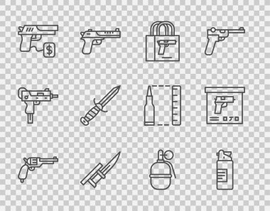 Set line Revolver gun, Weapons oil bottle, Buying pistol, Bayonet rifle, Military knife, Hand grenade and ammunition box icon. Vector clipart