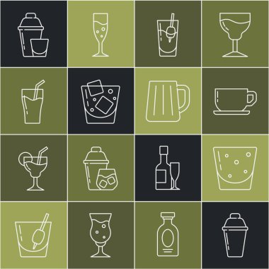 Kokteyl karıştırıcı, bir bardak rom, kahve fincanı, Bloody Mary, viski, meyve suyu ve ahşap bira bardağı ikonu. Vektör