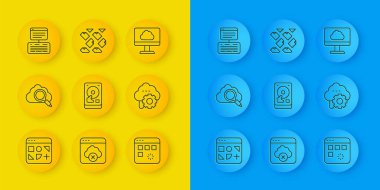 Satır Farklı dosyalar, Arama Bulutu Bilgisayarı, Sabit disk Sürücü HDD, Veri penceresi Yükleme, Bulut teknoloji transferi, Sunucu, Veri Sunucu, Web Sunucu ve akış simgesi ayarlayın. Vektör