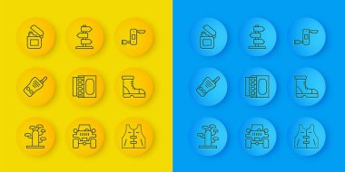 Afrika ağacı, telsiz, kibrit kutusu, av ceketi, avcı botları, çakı ve trafik işareti simgesi. Vektör