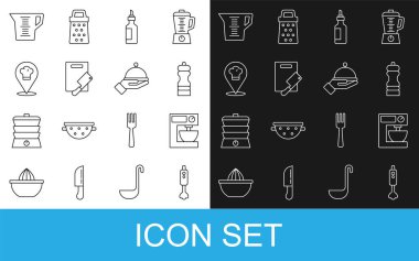 Hat karıştırıcı, elektrik karıştırıcı, biber, bir şişe zeytinyağı, kesme tahtası ve et helikopteri, konumu olan aşçı şapkası, ölçü kabı ve kaplama tepsisi ikonu. Vektör