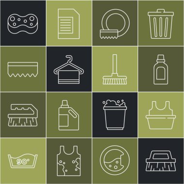 Temizlik için sıra fırçası, gömlekli leğen, şişeli ajan, bulaşık yıkama, askıda havlu, sünger ve süpürge simgesi. Vektör