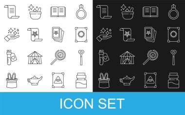 İksir, sihirli değnek, Eskiler 'in sihirli kitabı, parıldayan yıldızlar numarası ve üç tarot kartı ikonu. Vektör