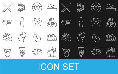 Çizgi bovling broşu, bilardo topu, çapraz bilardo sopası ve dinlenme ikonu. Vektör