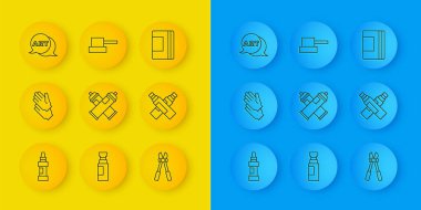 Satır işaretleyici kalem, lastik eldiven, boya spreyi, cıvata kesici, metin sanatlı konuşma balonu, Spiral defter ve sprey başlık simgesi. Vektör