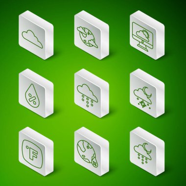 Bulut 'u yağmur ve ay ile, su damlası yüzdesiyle, Dünya gezegeninin bulutlarıyla, Fahrenheit ve kar güneşinin simgesiyle ayarla. Vektör