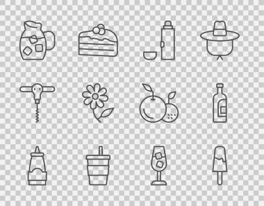 Sos şişesi, dondurma, termos kabı, su dolu kağıt bardak, sürahi, çiçek, şarap ve şarap ikonu. Vektör