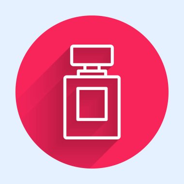 Beyaz çizgi parfüm ikonu uzun gölge arkaplan izole. Kırmızı daire düğmesi. Vektör