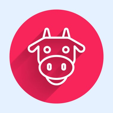 Beyaz çizgi İnek kafası simgesi uzun gölge arkaplanı ile izole edildi. Kırmızı daire düğmesi. Vektör