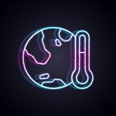 Parlayan neon hattı Dünya gezegeni eriyerek küresel ısınma simgesine dönüşüyor. Siyah arka planda izole edilmiş. Ekolojik problemler ve çözümler - termometre. Vektör