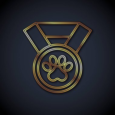 Gold line Pet award symbol icon isolated on black background. Badge with dog or cat paw print and ribbons. Medal for animal.  Vector