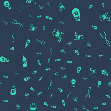 Barbekü ızgarası, tuz, bira şişesi ve çatalı dikişsiz desene ayarlayın. Vektör.