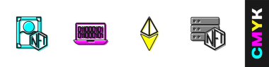 NFT dijital şifreleme sanatı, ikili kod, Ethereum ETH ve engelleme teknolojisi simgesini ayarla. Vektör