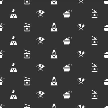 Çubuklu bir kaseye buz koy, Çin davulu, Asyalı bir kadın ve pürüzsüz desenli geleneksel kağıt yelpaze. Vektör