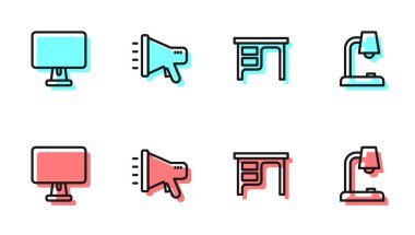 Ofis masası, bilgisayar monitörü, megafon ve masa lambası simgesini ayarla. Vektör