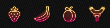 Çizgiye erik, çilek, muz ve sosis koyun. Parlayan neon ikonu. Vektör