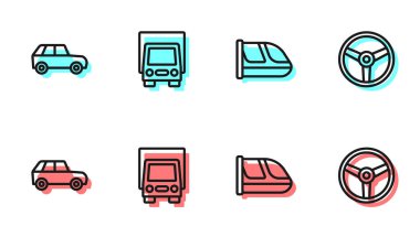 Tren ve demiryolu, araba, kargo kamyonu ve direksiyon ikonu ayarlayın. Vektör