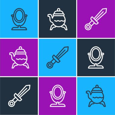 Set line Round makeup mirror, Medieval sword and Classic teapot icon. Vector