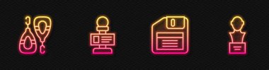 Disket, küpe, mikrofon ve alçıtaşı heykel büstünü ayarla. Parlayan neon ikonu. Vektör