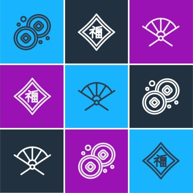 Çin Yuan para birimi, geleneksel kağıt yelpazesi ve yeni yıl ikonu. Vektör