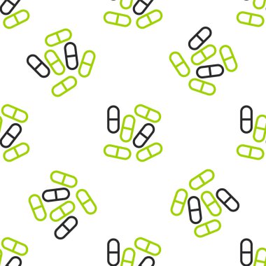 Hat ilacı veya tablet ikonu beyaz arka planda izole edilmiş kusursuz desen. Kapsül hapı ve uyuşturucu işareti. Eczane tasarımı. Vektör