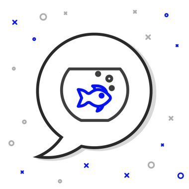 Beyaz arka planda balık ikonu olan çizgi akvaryumu. Yuvarlak cam akvaryum. Ev ve evcil hayvanlar için akvaryum. Renkli taslak konsepti. Vektör