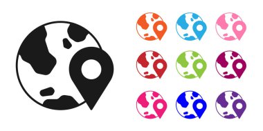 Dünya ikonundaki siyah konum beyaz arkaplanda izole edildi. Dünya ya da Dünya işareti. Simgeleri renklendirin. Vektör