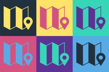 Pop Art Katlanmış Harita renk arkaplanında konum simgesi simgesi izole edildi. Vektör