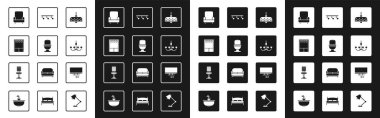 Chandelier, klozet, klozet, kostüm, Kol Koltuğu, yarış lambaları, akıllı televizyon ve ofis ikonu. Vektör
