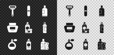 Tıraş bıçağı, tırnak törpüsü, şampuan şişesi, parfüm, saç spreyi için sprey kutusu, sünger, krem losyon kozmetik tüpü ve ikon. Vektör