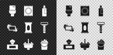 Klozeti hazırla, prezervatifi pakete koy, temizleme ajansı için bir şişe, ıslak mendil, musluklu lavabo, sabun köpüğü, bir kalıp ve ikon. Vektör