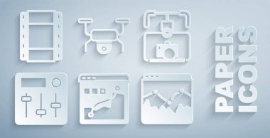 Histogram grafik fotoğrafçılığını, Gimbal dengeleyicisini kameralı, ses karıştırıcı kontrolörünü, müzik dalgası dengeleyicisini, İHA 'yı uçur ve video simgesini çal. Vektör