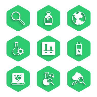 Grafik grafiği bilgisini, test tüpünü, yağmurlu bulutu, pili, kimyasal formülü, dünya küresi ve büyüteç simgesini ayarlayın. Vektör