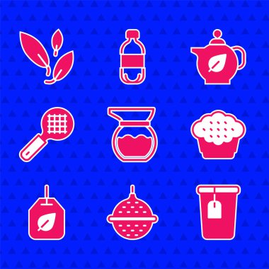 Çaydanlık, çay süzgeci poşetli fincan kek, yaprak, sap ve ikon. Vektör