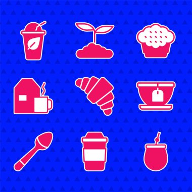 Kruvasan, çay, çay, çay, çay kaşığı, süt, kek ve yaprak ikonu. Vektör