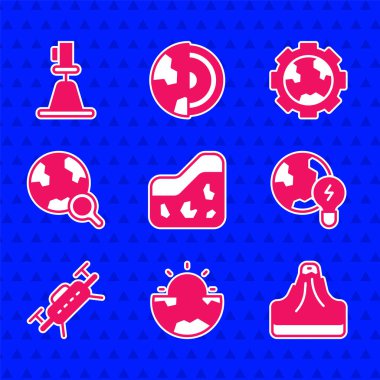 Zemin, Dünya çekirdek kabuğu, volkan, ampul, drone, büyüteç cam küre, dişli tekerlekler, toprak ve Tacheometre, teodolit ikonu olan küresel gezegen. Vektör