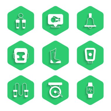 Spor boks ayakkabıları, boks gongu, yürekli akıllı saat, idman pençeleri, atlama ipi, miğfer, çan ve ikon. Vektör