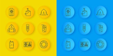 Soda kutusu, sırt çantası, dondurma, lastik yüzme yüzüğü, kokteyl ve alkol içeceği biletli pasaport, turist çadırı ve kum kovası ikonu. Vektör