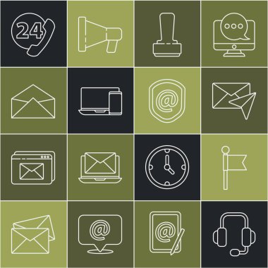 Hat kulaklıkları, yer işaretleyicisi, zarf, pul, monitör ve e-posta ikonu ile birlikte 24 saat telefon desteği ve kalkanları ayarla. Vektör