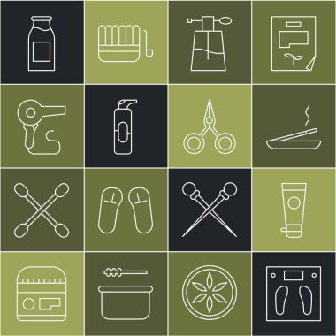 Sıra sıra banyo terazisi, krem veya losyon kozmetik tüpü, parfüm, saç spreyi kutusu, saç kurutma makinesi, süt ve makas ikonlu şişe. Vektör