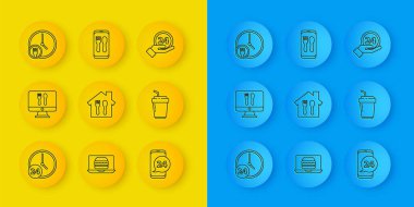 Saati 24 saat, siparişi ve teslimatı, yiyecek, kahve fincanını 24 saat ve ikon olarak ayarla. Vektör