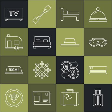 Sıralı bavul, klima, kayak gözlükleri, yatak, büyük yatak, karavan, kurdele ikonlu akıllı televizyon ve erkek şapkası. Vektör