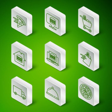 Hazır pizza, tepsiyle kaplanmış, pizza siparişi, burger, araba ve ikon siparişi. Vektör